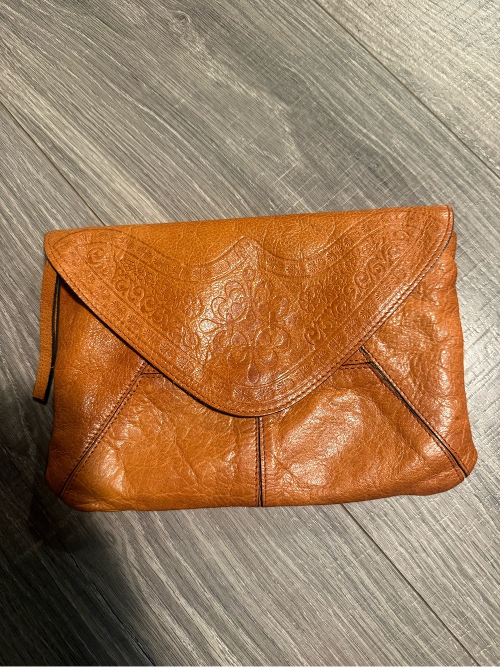 Embossed Leather Envelope Clutch - Cognac